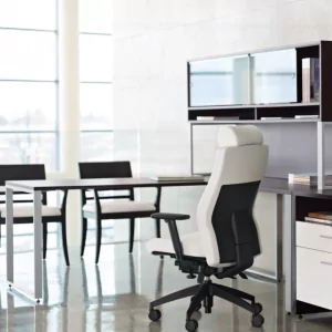 Luray Conference Executive Chair 2 in modern office setting with sleek desk and chairs, emphasizing ergonomic design and functionality for office environments.