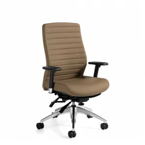 Synopsis Conference Executive Chair 3 in brown upholstery with ribbed backrest and adjustable armrests, designed for conference settings, featured on Furniture Soup's office furniture page.