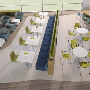 Cafe lunchroom seating arrangement featuring stacked chairs and a banquette booth, designed for modern dining spaces.