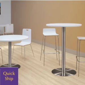 Bakhita Cafe Lunchroom Chair Stool 4 in a modern setting with white seating and sleek metal tables, emphasizing contemporary cafe design and quick shipping options.
