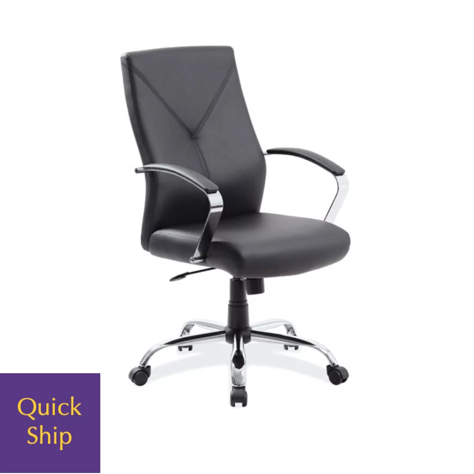 Boxero Conference Executive Chair 2 in black leather with chrome arms and base, featuring a "Quick Ship" label, designed for office use and comfort.