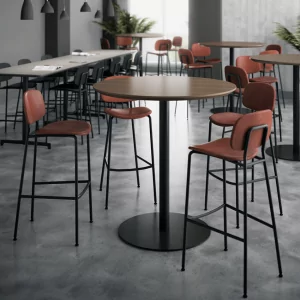 Bleecker Cafe Lunchroom Chair Stool in modern dining setting with round table and minimalist design, ideal for cafe and lunchroom environments.