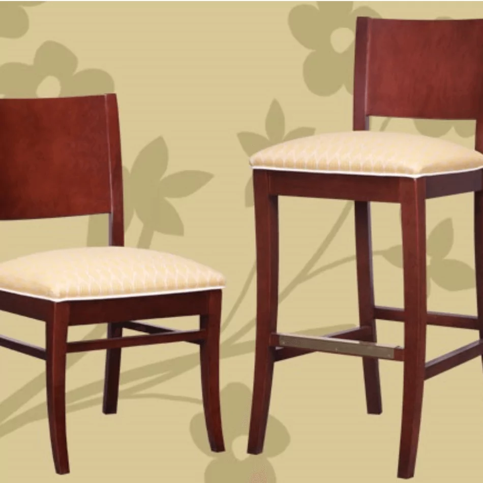 Cafe & Lunchroom Chairstool AC 2 featuring a wooden frame, upholstered seats in a soft yellow pattern, suitable for cafe and lunchroom settings.