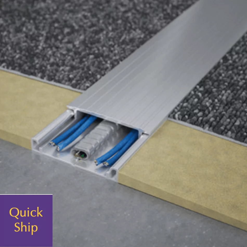 Connectrac 4 cable management system with aluminum channel and blue wiring, featured on a textured floor surface, labeled with "Quick Ship" badge.