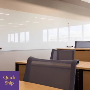 Cubicle workspace featuring a sleek coat hook on a whiteboard wall, with modern office chairs and a "Quick Ship" promotional badge in the corner.
