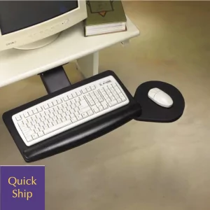 Keyboard tray with attached mouse pad, featuring a white keyboard and mouse, positioned under a desk, labeled "Quick Ship."