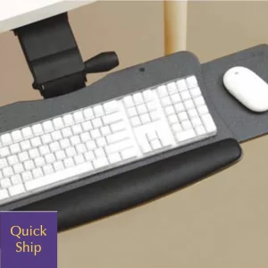 Keyboard tray with ergonomic design, featuring a white keyboard and mouse, labeled "Quick Ship," suitable for enhancing workspace organization and comfort.