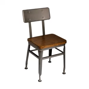 Industrial-style lunchroom chair with a wooden seat and metal frame, suitable for healthcare, education, and commercial spaces.