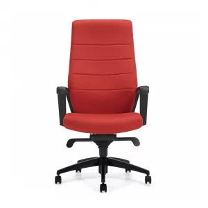 OTG 11730 Conference Executive Chair 2 in red upholstery with ergonomic design, featuring a high back and adjustable armrests, showcased against a white background.