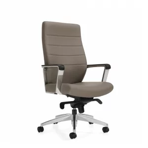 OTG 2913 Conference Executive Chair 3 in gray upholstery with chrome base and armrests, designed for office use, showcasing ergonomic features for comfort.