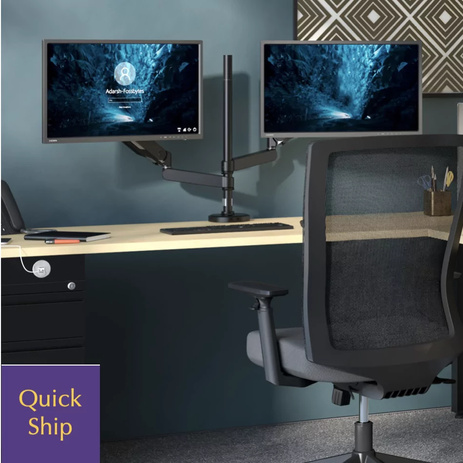 Dual monitor setup with adjustable monitor arm and ergonomic office chair, featuring a clean workspace and "Quick Ship" label, highlighting the Monitor Arm 4 by Furniture Soup.