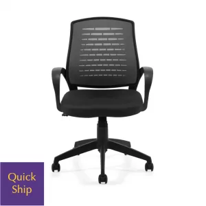 Synopsis Conference Executive Chair 3 in black, featuring a breathable mesh back and padded seat, designed for conference settings, with a "Quick Ship" label.