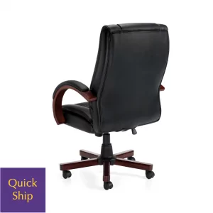 Boxero Conference Executive Chair 1 in black leather with wood accents, showcasing a high-back design and rolling base, labeled "Quick Ship" in the bottom left corner.