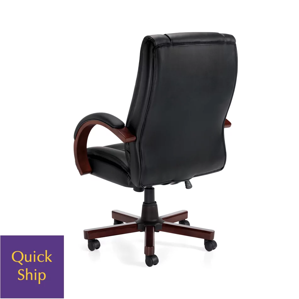 OTG 11300 Conference Executive Chair 2 featuring a black leather finish, wooden armrests, and a five-star rolling base, labeled with "Quick Ship" for fast delivery.