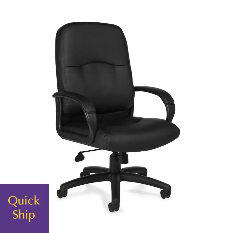 OTG 11617 Conference Executive Chair 3 in black leather with padded seat and backrest, featuring adjustable armrests and a "Quick Ship" label.