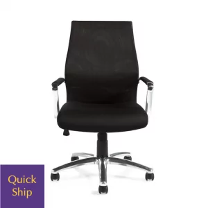 OTG 11657 Conference Executive Chair 3 in black with chrome accents, featuring ergonomic design and "Quick Ship" label for expedited delivery.
