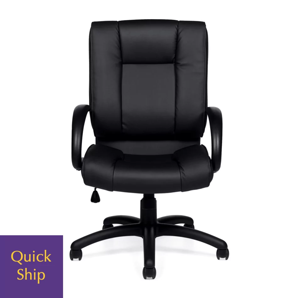 OTG 2700 Conference Executive Chair in black leather with ergonomic design and quick ship label, ideal for office settings.