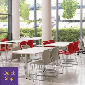 Modern lunchroom chairs and tables in a bright, spacious setting, featuring red and gray seating options, emphasizing quick ship availability for commercial and educational spaces.