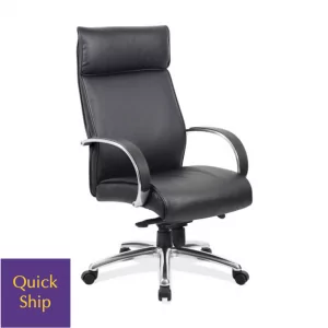 Prestige Conference Executive Chair in black leather with chrome accents, featuring a high back and adjustable height, labeled "Quick Ship."