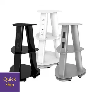 Stand-alone charging solutions in black, white, and gray, featuring multiple electrical outlets and a portable design, ideal for office and educational environments, with a "Quick Ship" label.