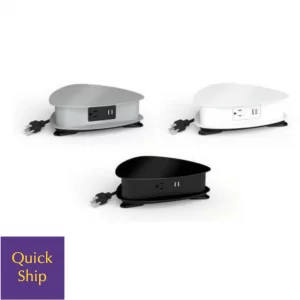Stand-alone charging solutions in three colors: gray, white, and black, featuring USB ports and power outlets, with a "Quick Ship" label for fast delivery.