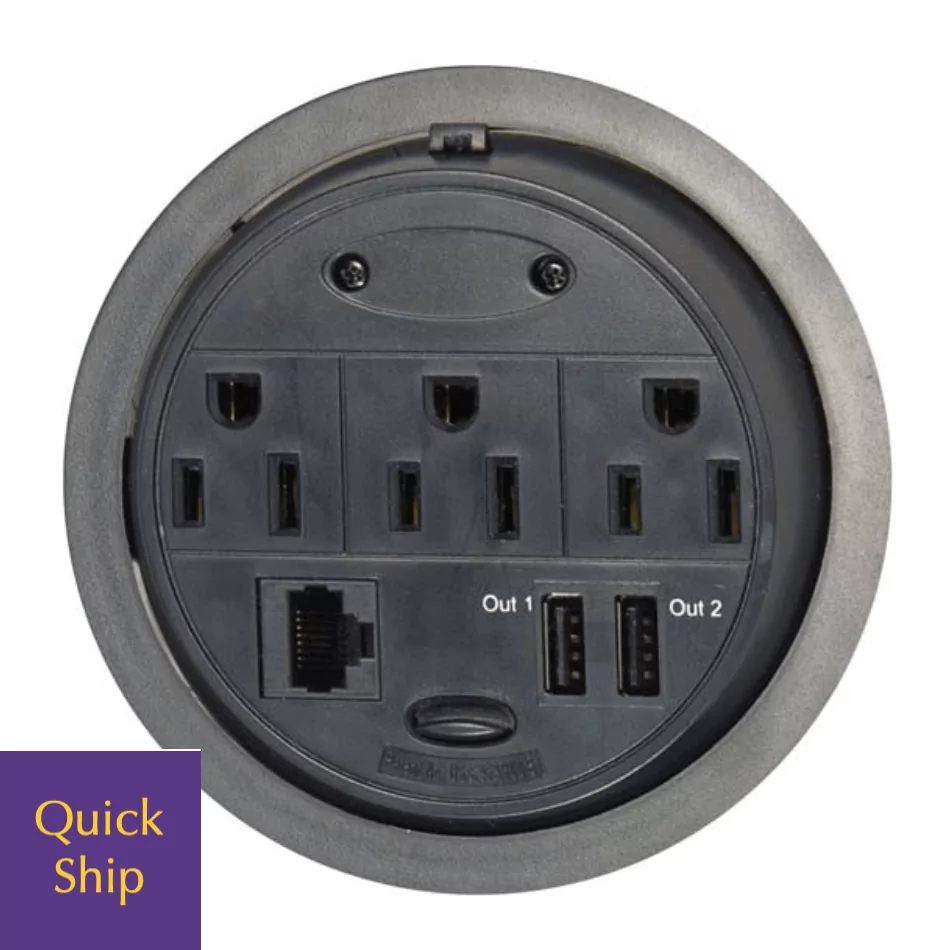 Table Technology 11 power and technology grommet featuring multiple outlets, USB ports, and Ethernet connection, with a "Quick Ship" label.