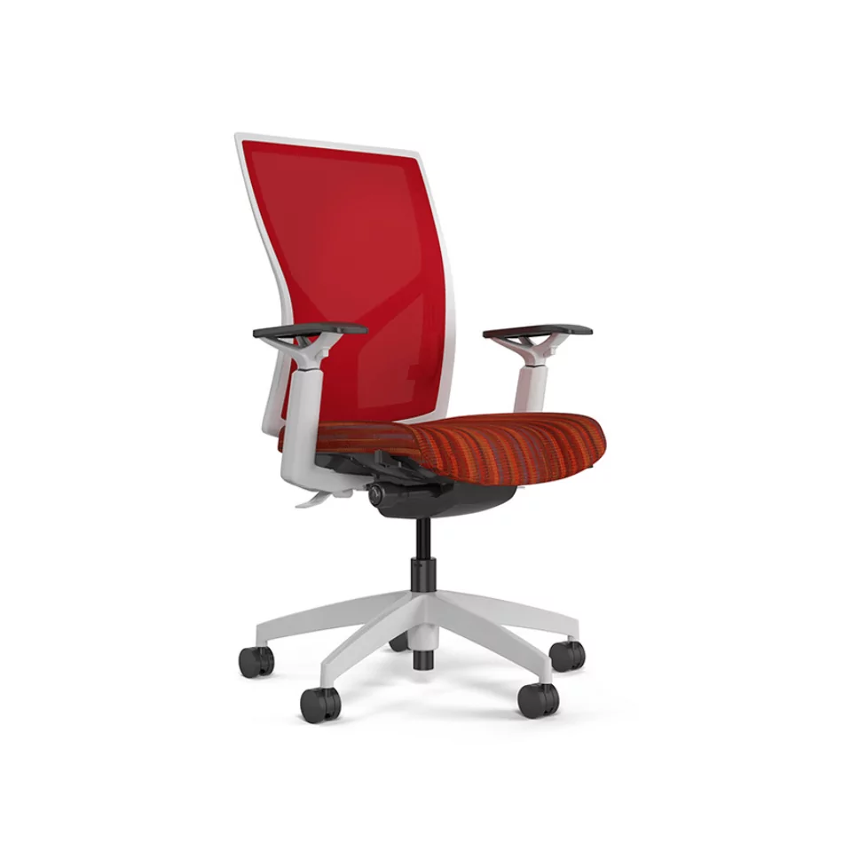 Torse Conference Executive Chair with a red mesh back and striped orange seat, designed for ergonomic comfort in conference settings.