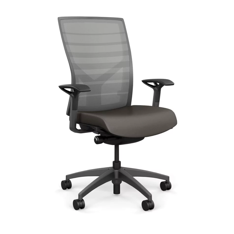 Torse Conference Executive Chair 3 with a mesh back and padded seat, designed for comfort in office settings, featuring adjustable armrests and a wheeled base.