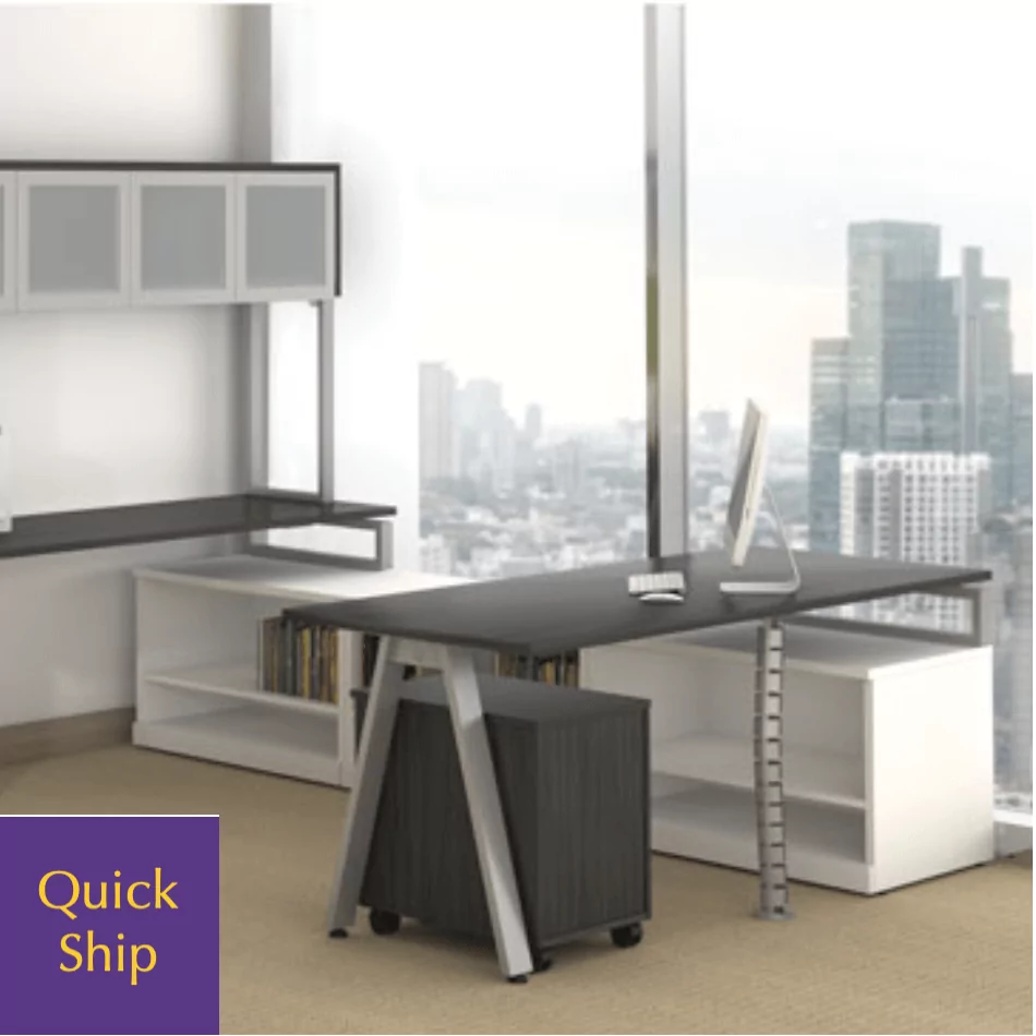 U Shape Desk 7 in modern office setting with computer, shelving, and city view, featuring "Quick Ship" label.