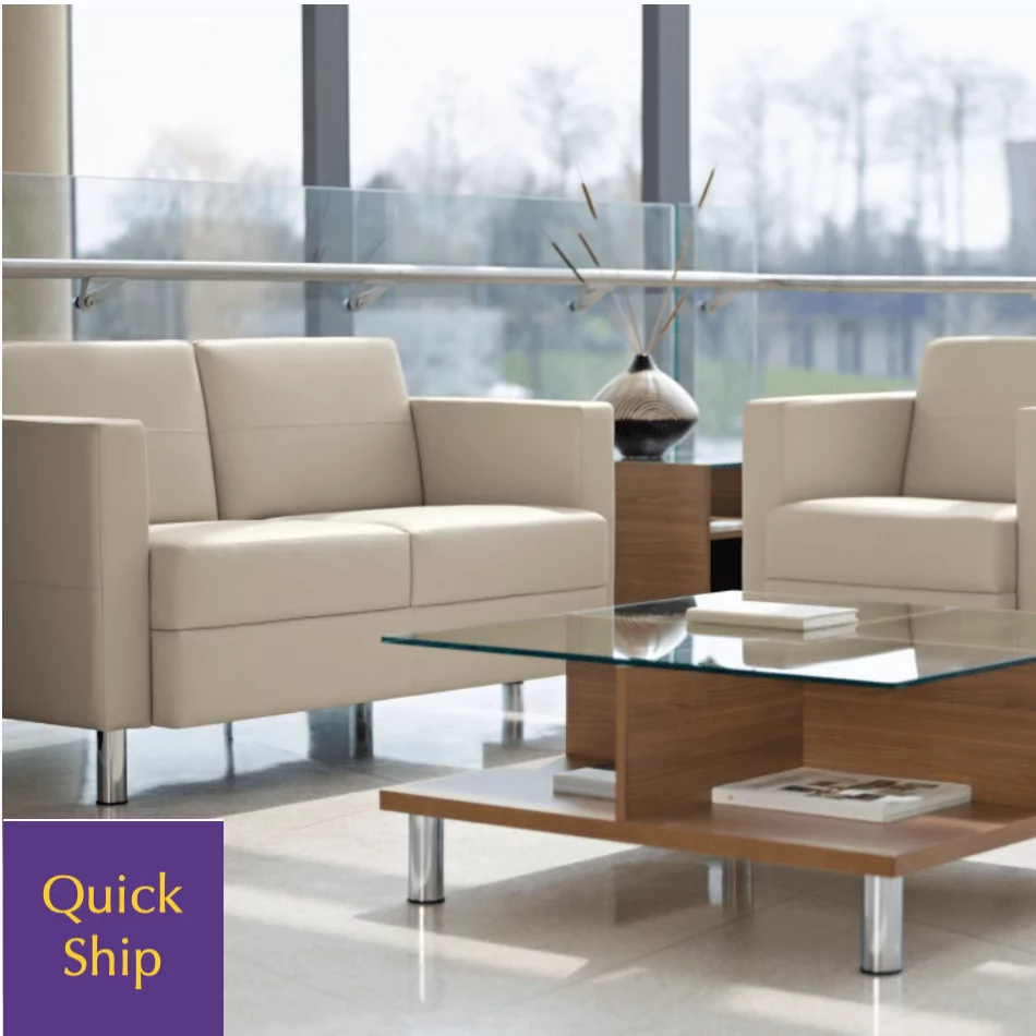 Citi Lounge Reception Collaborative Seating in a modern office setting with beige sofas and a glass coffee table, featuring a "Quick Ship" label.