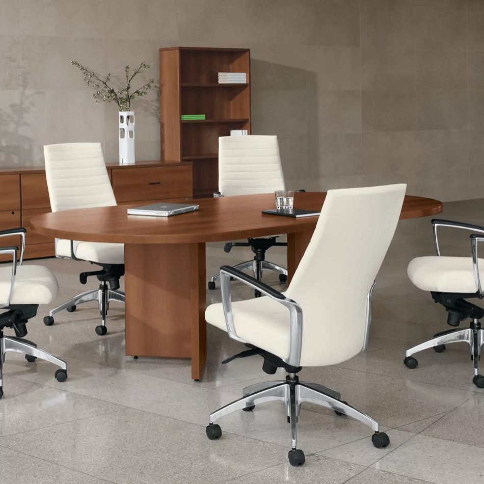 Showroom featuring cubicles, desks, and chairs from Furniture Soup's office furniture collection.