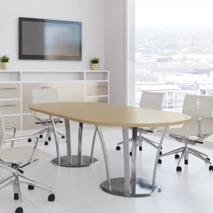Conference meeting table with a racetrack shape, surrounded by modern office chairs, in a bright room featuring a large window and a wall-mounted TV, ideal for training sessions and meetings.