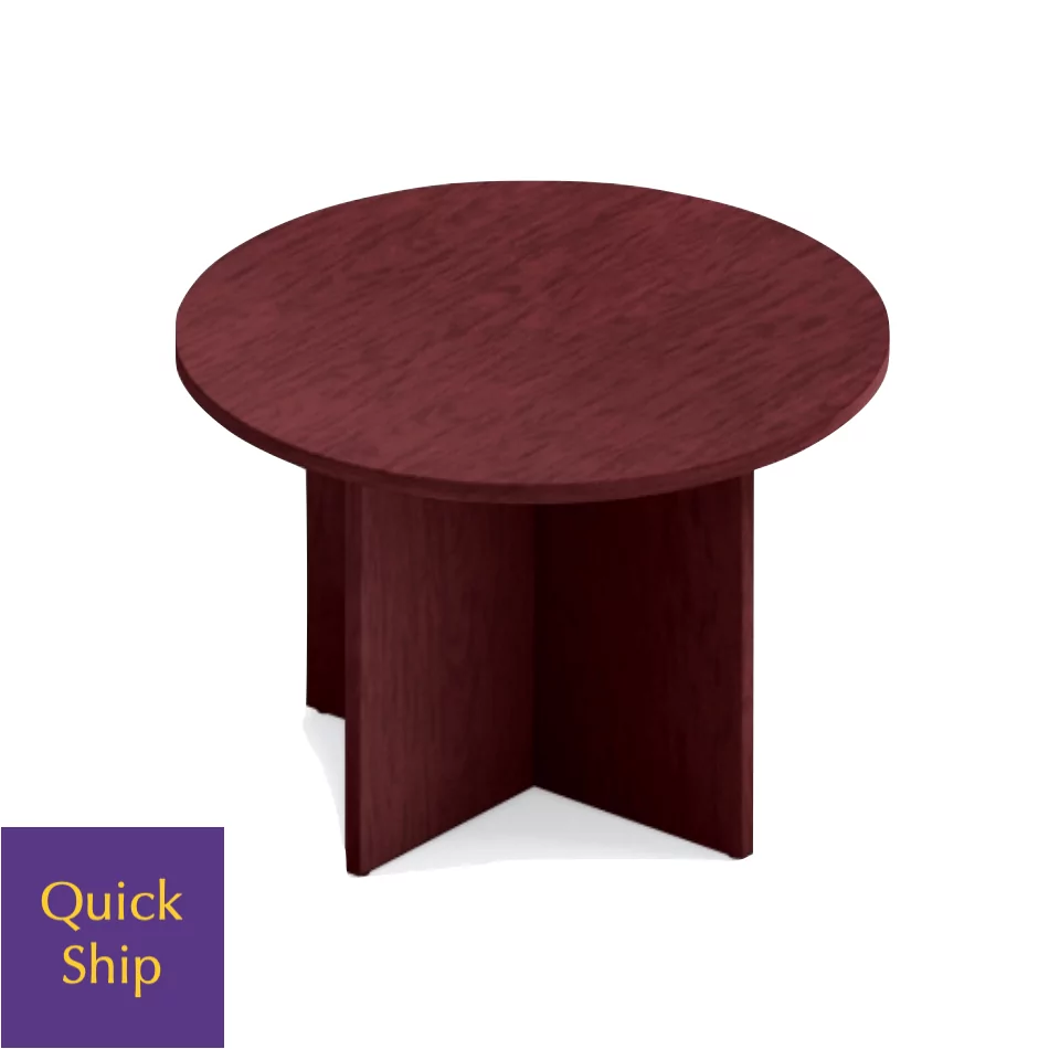 Round conference meeting table in rich mahogany finish with "Quick Ship" label for fast delivery.