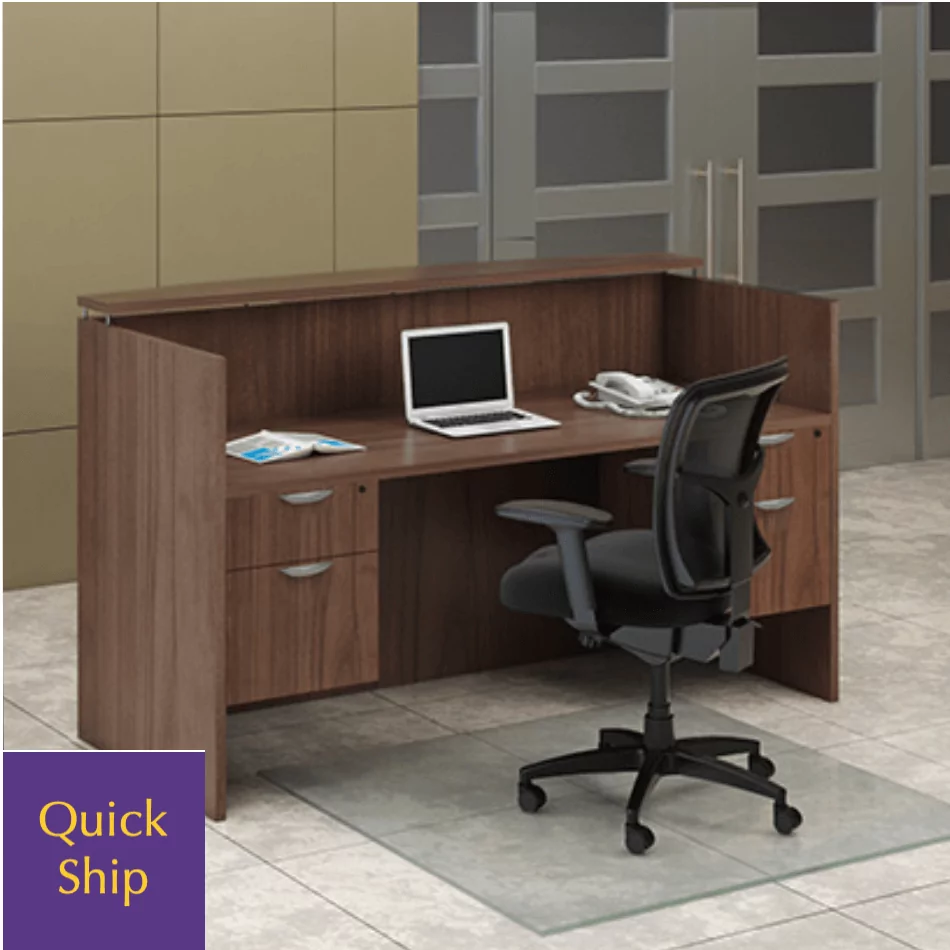 CoolMesh Desk Chair 4 in modern office setting with wooden desk, laptop, and office supplies, featuring "Quick Ship" label.