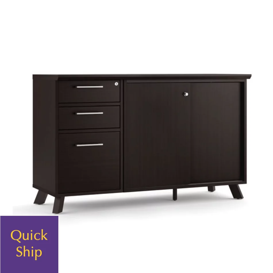 Credenza 3 in dark wood finish with three drawers and sliding doors, featuring a "Quick Ship" label for fast delivery, ideal for office storage solutions from Furniture Soup.