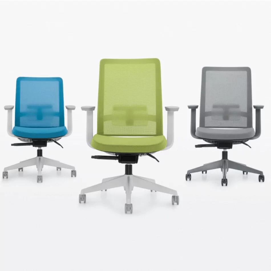 Factor Desk Chair 2 in blue, green, and gray colors with ergonomic design and adjustable features, showcasing modern office furniture options from Furniture Soup.