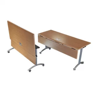Versatile flip-nest table with a wooden finish and metal legs, suitable for healthcare, education, and commercial settings, emphasizing functionality and space-saving design.