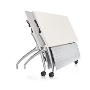 Training Tables Flip and Nest 5, two stacked folding tables with a white surface and silver frame, designed for efficient storage and mobility.