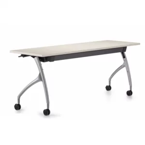 Versatile mobile folding table with a sleek design and sturdy frame, suitable for educational and commercial settings.