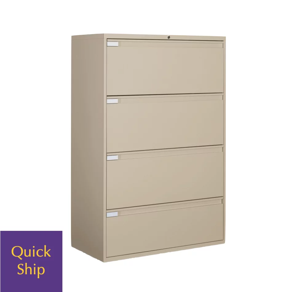 Four-drawer lateral file cabinet in beige color with a "Quick Ship" label, designed for efficient storage and organization in office settings.