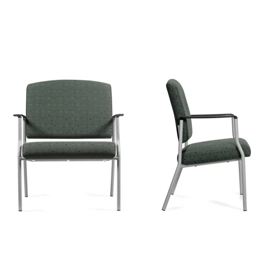 Globalcare Lounge Reception Collaborative Seating 4, featuring a modern design with a green fabric seat and backrest, complemented by sleek metal armrests and legs.