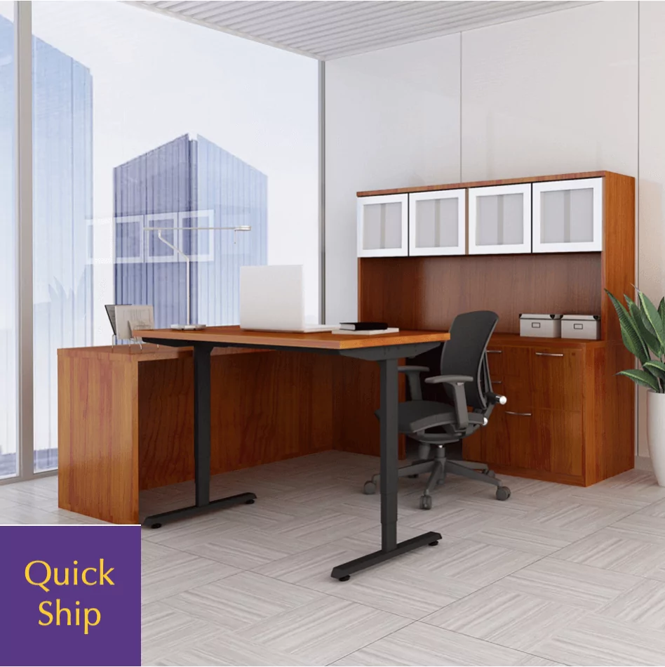 Height adjustable desk setup featuring the Friant Myhite 2 in a modern office environment, with a sleek design, ergonomic chair, and storage cabinet, labeled "Quick Ship."