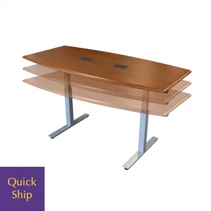 Height-adjustable Training Tables Flip and Nest 4 with a sleek wooden surface and metal legs, featuring dual cable management ports, labeled "Quick Ship."