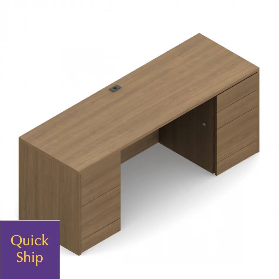 Knee space credenza with wood finish, featuring storage drawers and a quick ship label.