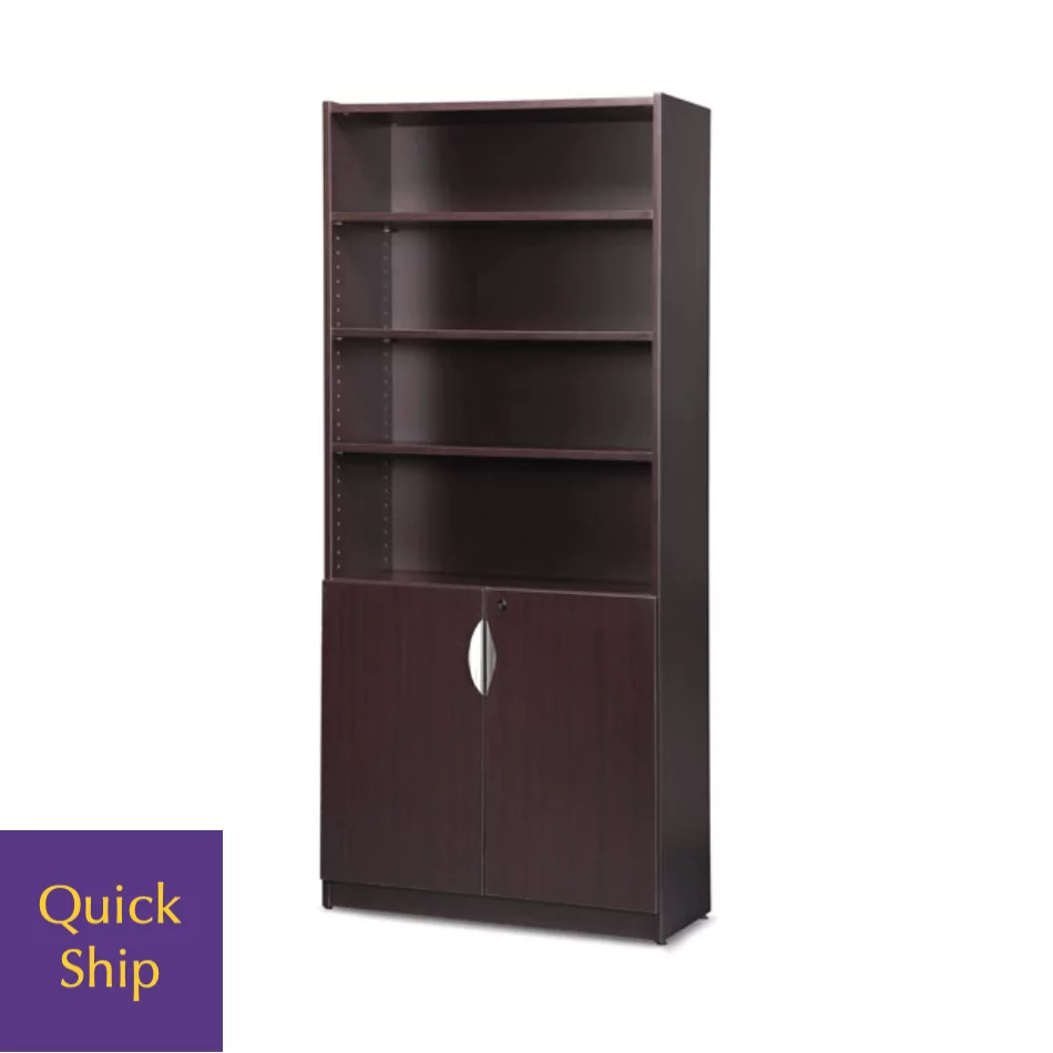 Laminate bookcase with multiple shelves and a lower cabinet, featuring a "Quick Ship" label, ideal for storage solutions in office or home environments.