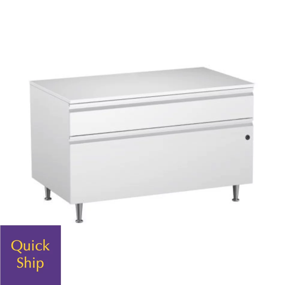 Low metal lateral file cabinet with two drawers, sleek design, and quick ship option.