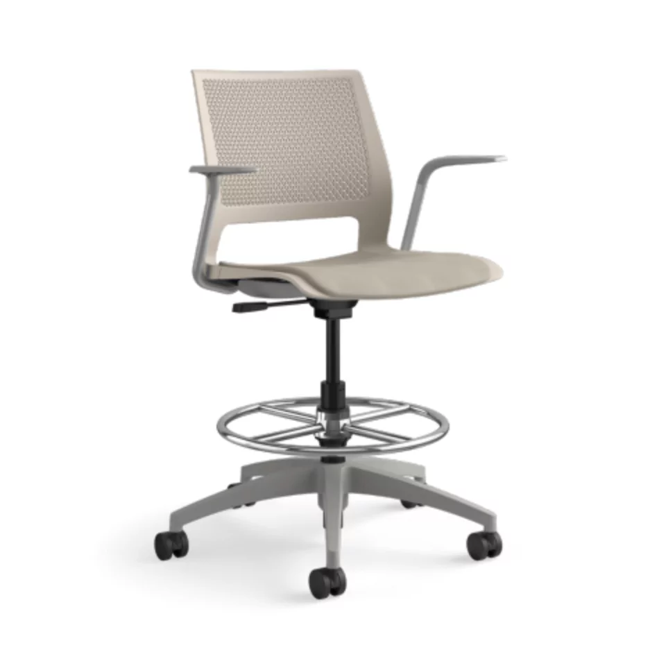 Lumin Stool 2, modern office stool with adjustable height, mesh backrest, and rolling base, designed for ergonomic comfort in workspace settings.
