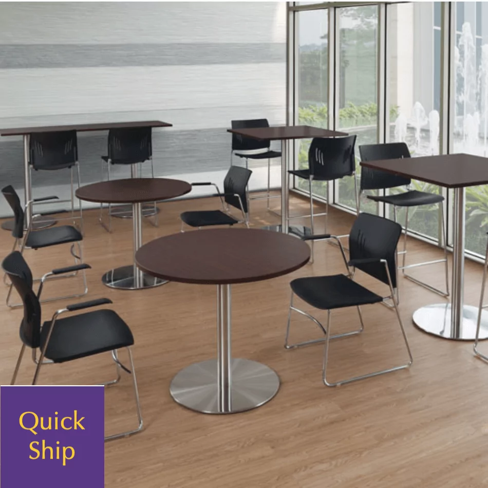 Lunchroom cafe table set with round and rectangular tables, black chairs, and a "Quick Ship" label, designed for utility and dining spaces.