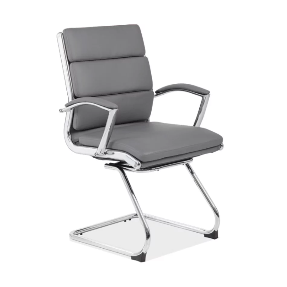 Merak guest and meeting chair with gray upholstery and chrome frame, designed for office environments.