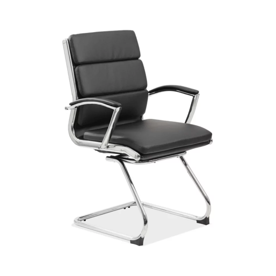Merak Guest and Meeting Chair with black leather upholstery and chrome frame, designed for office use.